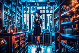 full-height shot of a young witch in a tight black short skirt, inside a large magic shop, shelving, bottles, windows