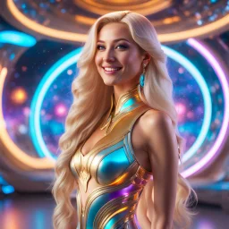 (masterpiece, best quality, 8k, RAW photo, beautiful and aesthetic:1.2), complex detail, Indirect light, photorealistic, (((full body))), 2 Cosmic <russian goddess smiling, long curved blonde hair, colorfull Sci-Fi environment