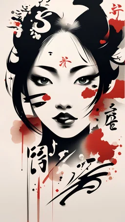 Japan kaligrafi dengan abstrak wajah gadis cantik di tengah