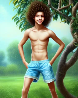 beautiful 12 year old arabic boy with long, curly hair and light blue eyes, smiling, shirtless, in front of a distant mango tree