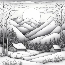 Outline art for coloring page with a cute mountain landscape white background, sketch style, only use outline, clean line art, white background, no shadows, clear outline