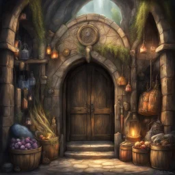 The age old entrance portal to a market for magical items. Magical, Epic. Dramatic, highly detailed, digital painting, masterpiece, lord of the rings, the hobbit