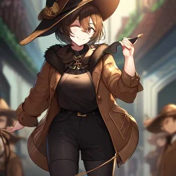 Clear focus, High resolution, short brown spiky hair, hair between eyes, eyes closed, wearing a brown detective hat, wearing a brown jacket and a black shirt, wearing black shorts, 1girl, pulling hat down, smiling