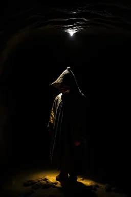 character in semi-darkness, on the scree cone of an underground room dimly lit by daylight coming from a well located forty meters above.