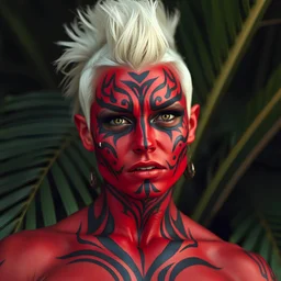 candid film still featuring a bodybuilder demon woman (brooke ence) with a striking and elaborate face paint design. The subject has a platinum blonde mohawk, her face face is painted predominantly in red with black tribal-like patterns extending from the forehead down to the cheeks and chin. the demon womans is painted red (red bodypaint). The background includes green tropical foliage, adding a natural and rustic element to the scene. The lighting is well lit, creating a dramatic and intense