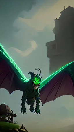 A green dragon over a medieval village