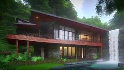 modern house by a big water falls in a karstic montain rain forest