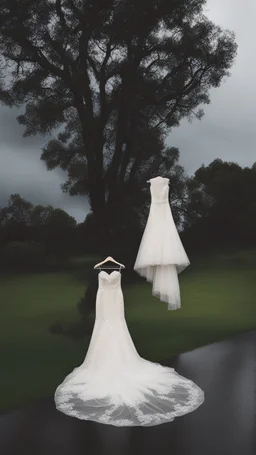 A wet washed wedding dress drying on a rob in a stormy foggy sky in the background