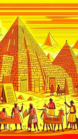 Ancient pyramids with homes around. African men and women buying and selling goods