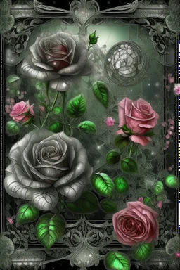 beautiful landscape elegant blooming pink roses and daisies, lots of greenery, sequins, dew filigree, smoke fractal, spiral space outside the window, hyperrealism, glitter, glare, hyperdetalization. vintage, inlaid outline in black pencil, aesthetically pleasing, beautiful, realistic, high resolution, high detail