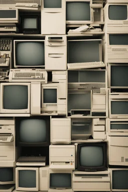 A stack of old computers in a white room