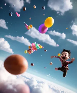 Ultra realistic speed clouds sky scene, wide angle view, childs falling down with many Childs background, circus dress style, feather color, free jumping flying, many trinkets, hair monster, many jelly beans, balls, color smoke, smile, happy, extreme, wind, clouds sea, 20,000 feet altitude, stratosphere, soft color, highly detailed, unreal engine 5, ray tracing, RTX, lumen lighting, ultra detail, volumetric lighting, 3d, finely drawn, high definition, high resolution.