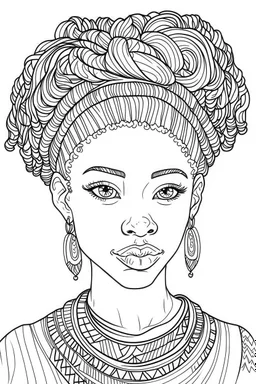 african girl face with beautiful hairstyle coloring page