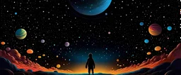 Una figura umana in piedi su un pianeta desertico, con le braccia protese verso il cielo stellato. Attorno alla figura, fluttuano parole inventate o casuali in diverse lingue, formando un vortice di colori e suoni. Nella parte superiore dell'immagine, un'enorme luna piena illumina il paesaggio, mentre una serie di costellazioni si stagliano nell'oscurità dello spazio. Al di sotto della figura, un intricato circuito elettronico si snoda attraverso il terreno ,esperienza umana e la tecnologia