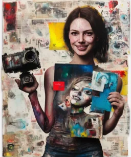 happy beautiful girl holding big proffesional camera in studio. street art, oil on canvas, spray paint, collage, letters, newspapeers, Dave McKean, Vladimir Fedotko, Saturno Butto, Vaughn Bodé, Frank Wu, James C. Christensen, collage, dirty, paint dripping, radiant