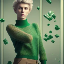 short blonde hair, green sweater, black pants, woman falling through glass shards, pan in the hand, brown shoes, side view, no ground