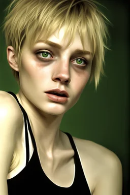 ultra realistic photograph of a very thin young woman with short blonde hair and green eyes bruised face with a frightened expression wearing a loose black teeshirt