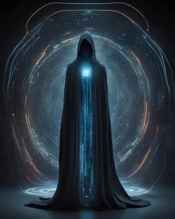 In the cyber realm, a mysterious entity emerges shrouded in a technophilic cloak. Its cloak, a cascade of luminous circuits, dances in sync with electric pulses, revealing an intelligence beyond the organic. With no visible face, this entity is a fusion of algorithms and digital artifacts—an enigmatic presence at the crossroads of the virtual and real. Its cloak, a metaphor for mystery, conceals the core where a pulsating cybernetic mind orchestrates a ballet of bits. In this digital domain, th
