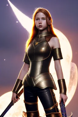 realistic, concept illustration, super-detailed, beautiful teen female who is 16 years old with long ginger hair and freckles, full lips, full body, full face, b-cup breasts, athletic, centred camera, ignore NSFW, skimpy brown fantasy leather armor, halter top, micro thong, knee-high leather boots, open leather skirt, stern expression, cute pose with hands behind butt