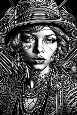 female portrait of a female gangster in line art style intricate details 18k