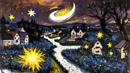 A swirling night sky with bright yellow stars and a crescent moon over a village with houses and trees in the foreground