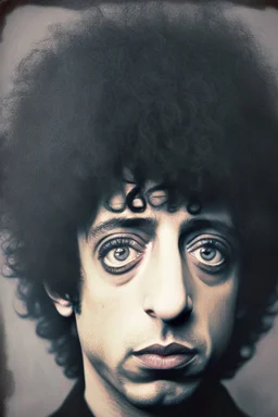 Bob Dylan face with big eyes and fathered hair