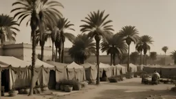 A large plot of land with living tents and date palms surrounded by a large wall inside a large fortress