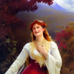 merryl streep with norway flag, plum, mountain background, fantasy, intricate, elegant, highly detailed, digital painting, artstation, concept art, smooth, sharp focus, illustration, art by gaston bussiere and alphonse mucha