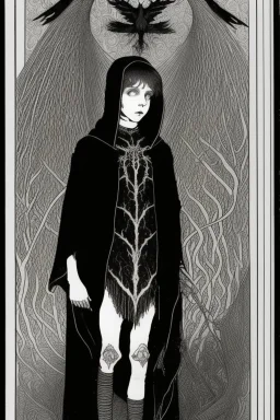 7 year old boy, necromancer, friendly, looks dead,with a long lamprey emerging from his belly , wearing black robes, in the style of Harry Clarke