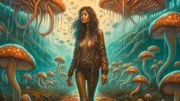 woman with black hair, in light brown leather trousers and jacket, walking through a forest of Alien mushrooms with jellyfish tentacles, photorealistic, Deep Colour, Intricate Detail, Keith Parkinson