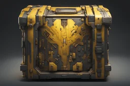 valuable opened chest, cyberpunk style, yellow colors, facing forward, with gold inside