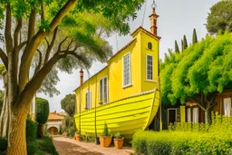 A large yacht is parked in the yard of a yellow stone house with a brown tiled roof, a large brown window and a chimney, a lush lace bush and a marijuana plantation, in the surrealist Salvador Dali style