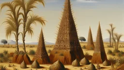 A brown spiky savanna with block shaped rocks designed in African pottery painted by Guo Xi