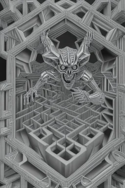 hexagon chrome labyrinth featuring gargoyle skeleton in the style of escher, 8k, trending art