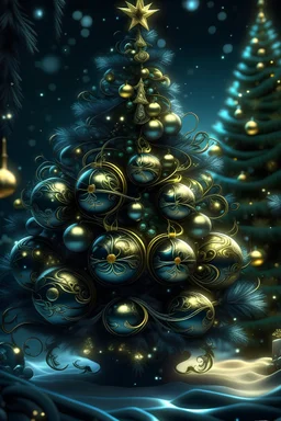 A beautiful christmas tree with decadent gothica fonts text portrait, in front of a snow covered christmas tree, christmas decadent gothica metallic filigree ornaments techno punkembossed foral mineral obsidian stone ribbed etherial techno christmas ornaments organic bio spinal ribbed detail of bokeh gothica etherial christmas lights background extremely detailed maximálist hyperrealistic concept art