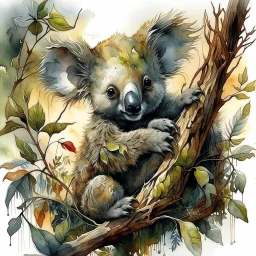 Watercolor and ink illustration of a Koala bear cub clinging to a gnarled eucalyptus branch by Guymick Cormic, reclining amidst tall grass and ferns, surrounded by dense, leafy foliage and wildflowers bathed in the amber glow of sunrise, featuring Brian Froud's fantastical influences combined with the dramatic, fluid styles of Carne Griffiths and Alberto Seveso, 60-30-10 colour harmony evident, mystical symbols interwoven, vibrant splashes Modifiers: elegant extremely detai