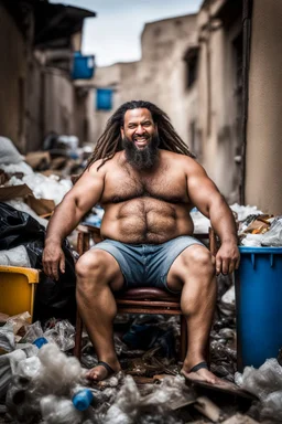 full figure shot photography of an angry dirty wet sweat strong hairy big short chubby burly ,39 years old ugly smiling marocan , big nose, bull neck, short beard, dreadlocks, shirtless, manly chest, big belly, bulging shorts, emotive eyes , sitted on a chair relaxed ,belly up ,open legs, on a pile of garbage, angry eyes, big shoulders, side light, top view, aerial view