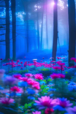 Aesthetic forest with glowing pink, blue and purple flowers