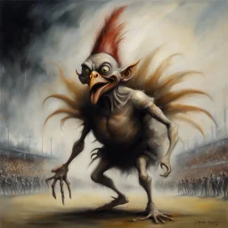 evil turkey goblin, by Stephen Gammell, by Brian Froud, by Yves Tanguy, surreal creepy sentient goblin turkey is mascot at high school football game, natural colors, detailed realistic matte oil painting, ultra detail, dramatic, kinetic, masterpiece.