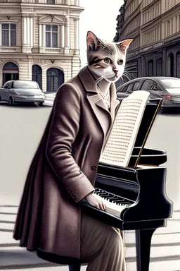 One single mature cat lady playing piano on the street, Vienna, friendly, model style, hyper realistic, extremely accurate, delicate, extremely detailed, Graphic novel style, wide-angle, open aperture, superfine pencil