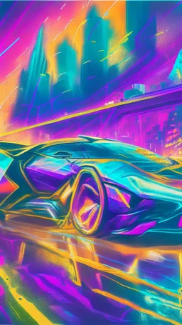 futuristic supercar, hand draw urbansketch art style inspired by Marta Vilarinho de Freitas, flat, vector illustration, urban sketch cyberpunk 2099 blade runner 2049 neon neo-impressionism expressionist style oil painting, smooth post-impressionist impasto acrylic painting, thick layers of colourful textured paint futuristic futurism noir