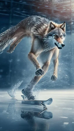 Wolf, skating on ice, realistic image, movie scene hdr 8k