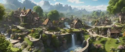 A busy surrealist market in a beautiful surreal sunny countryside scene with distant hills, many conjoining intricate characterful dwellings (designed by Esher), pathways & stairways, waterfalls & a waterwheel : ultra high detail, photorealistic, epic cinematic, 8K, Large depth of field