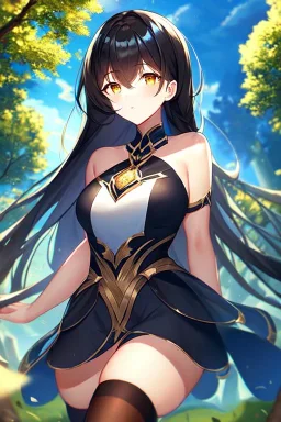 girl, masterpiece, best quality, volumetric lighting, detailed outfit, perfect eyes, black hair, golden eyes, long hair, thigh highs, outdoors, under tree,