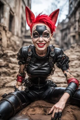 Closeup Tank girl smiling, lying pose, rabbit mask, red and black short hair, latex suit, ragged clothes, fullbody, dieselpunk, valves and old city behind, the perspective looking up from the bottom of an empty well , 8k,macro photography,