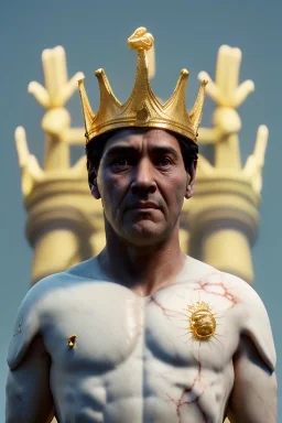 Ultra Realistic image, classic sculpture, white marble material, Maradona, gold crown of natural thorns, god crown, gold veins, gold ornaments, sun rays background, waist up portrait, epic, celestial, cinematic lighting, God lights, 4k resolution, smooth details, soft lighting, unreal engine 5, art station, substance 3d.