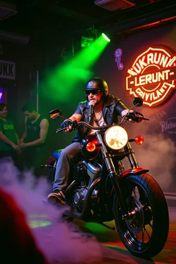 An "hard MC guy" performing at dance club, his name is "Benny" Very hard looking, motorbike Harley davidson on stage, Neon lights and smog, "KUKRUNK" sign on the wall
