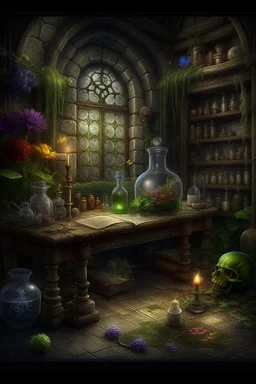 An illustration to an ancient reference book of the dwelling of fairy-tale characters, graphics, text with symbols, an alchemist's laboratory. realistic, scientific, detailed, patterns, cobwebs, decoupage of garden flowers,fabulous,hyperrealism,microdetalization,surreal,drawing,clear outline,color illustration,aesthetics,mystical landscape,dark botanical,dark fantasy,multicolor,detailed,threads,fibers,ambient clarity,volumetric,hyperdetalization,