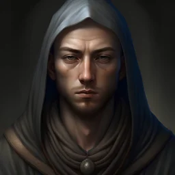 A young male monk with a shaved head, an auburn beard and brown eyes. He has a strong jaw and a prominent nose with several, deep scars on his face. He is dressed in simple, grey-blue robes with a hood. His religious symbol, a white heart carved from wood, hangs around his neck.