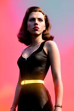 retro portrait image from 1960, New York explosion, long hair, young Scarlett Johansson, classic black tight lycra suit, weapon metal sticks, gold bracelet and belt, high heel boots, soft color, highly detailed, unreal engine 5, ray tracing, RTX, lumen lighting, ultra detail, volumetric lighting, 3d, finely drawn, high definition, high resolution.